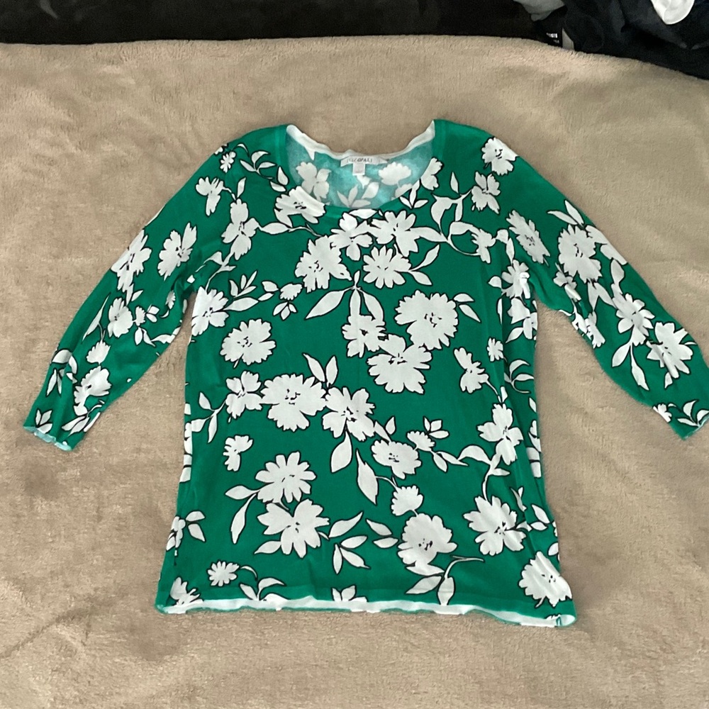 Roz & Ali Green Floral Crew Neck Sweater